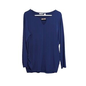 Susan Graver Women’s Size LARGE Navy Liquid Knit Keyhole Neck Dressy Festive Top